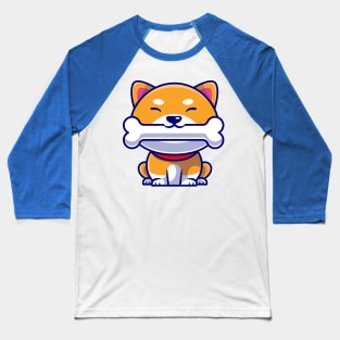 Cute Shiba Inu Dog Eating Bone Cartoon Baseball T-Shirt